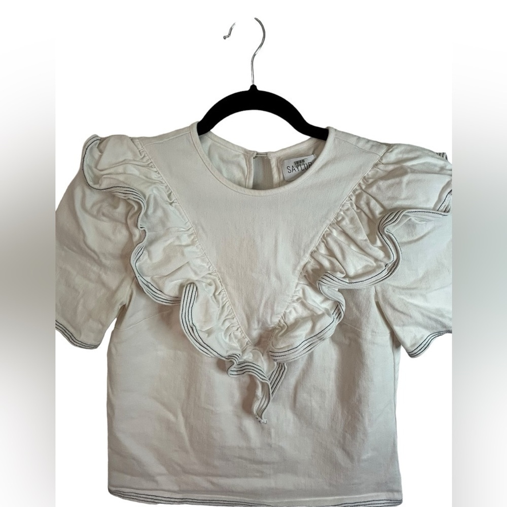 Saylor Anthropologie White Ruffle Sleeve Nautical Harriette Denim Top Size XS - Picture 12 of 12